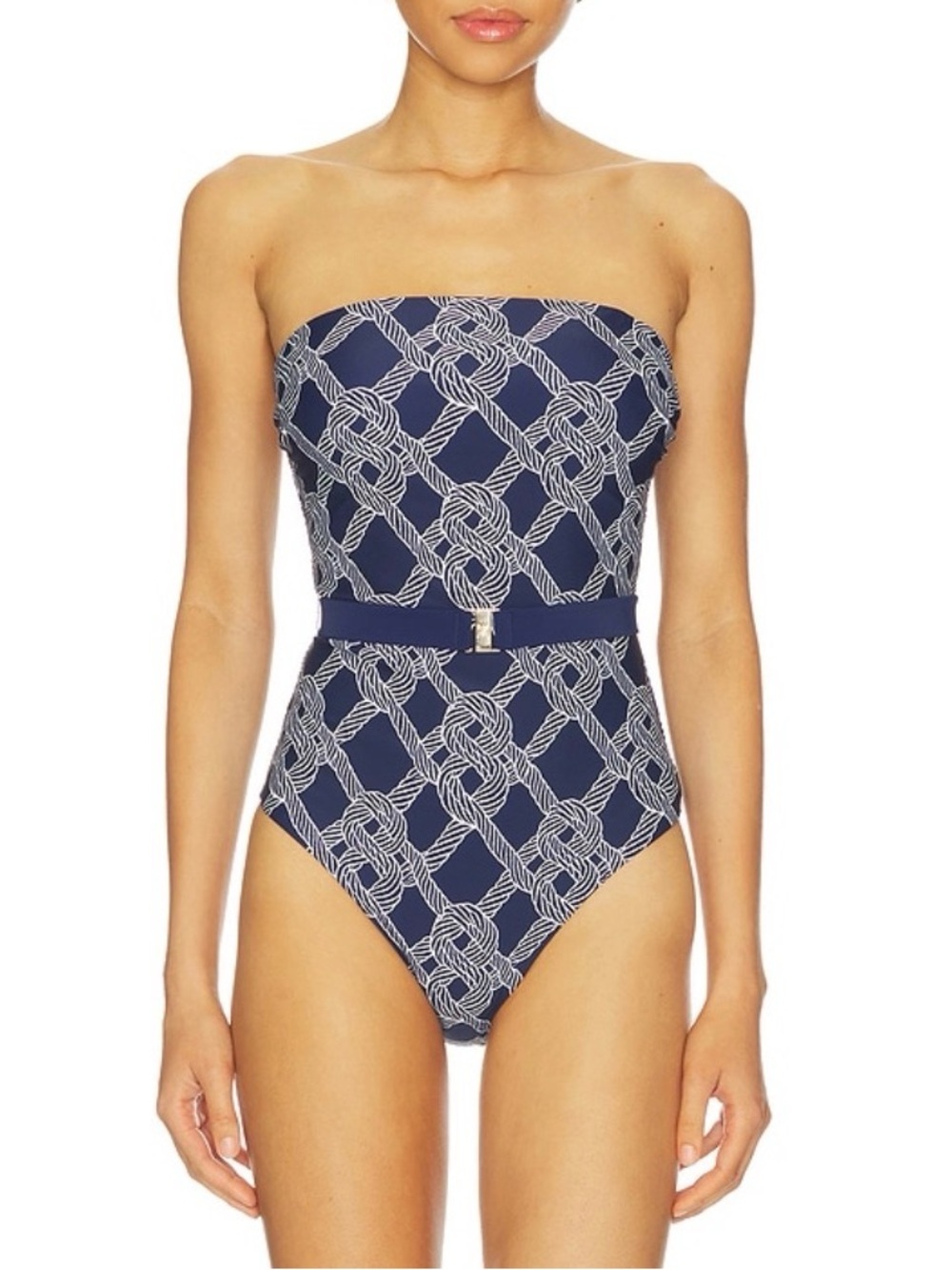 MILLY Rope Print Belted Small One Piece Swimsuit Navy Swim Strapless NEW